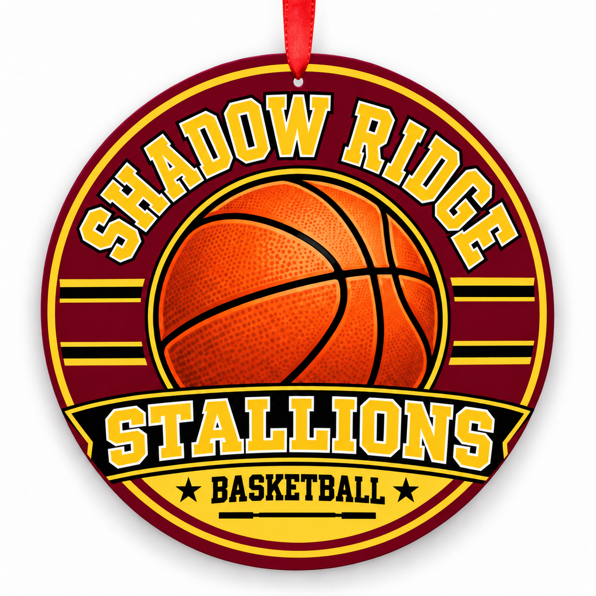 Shadow Ridge High School Stallions basketball round Christmas ornament with red ribbon