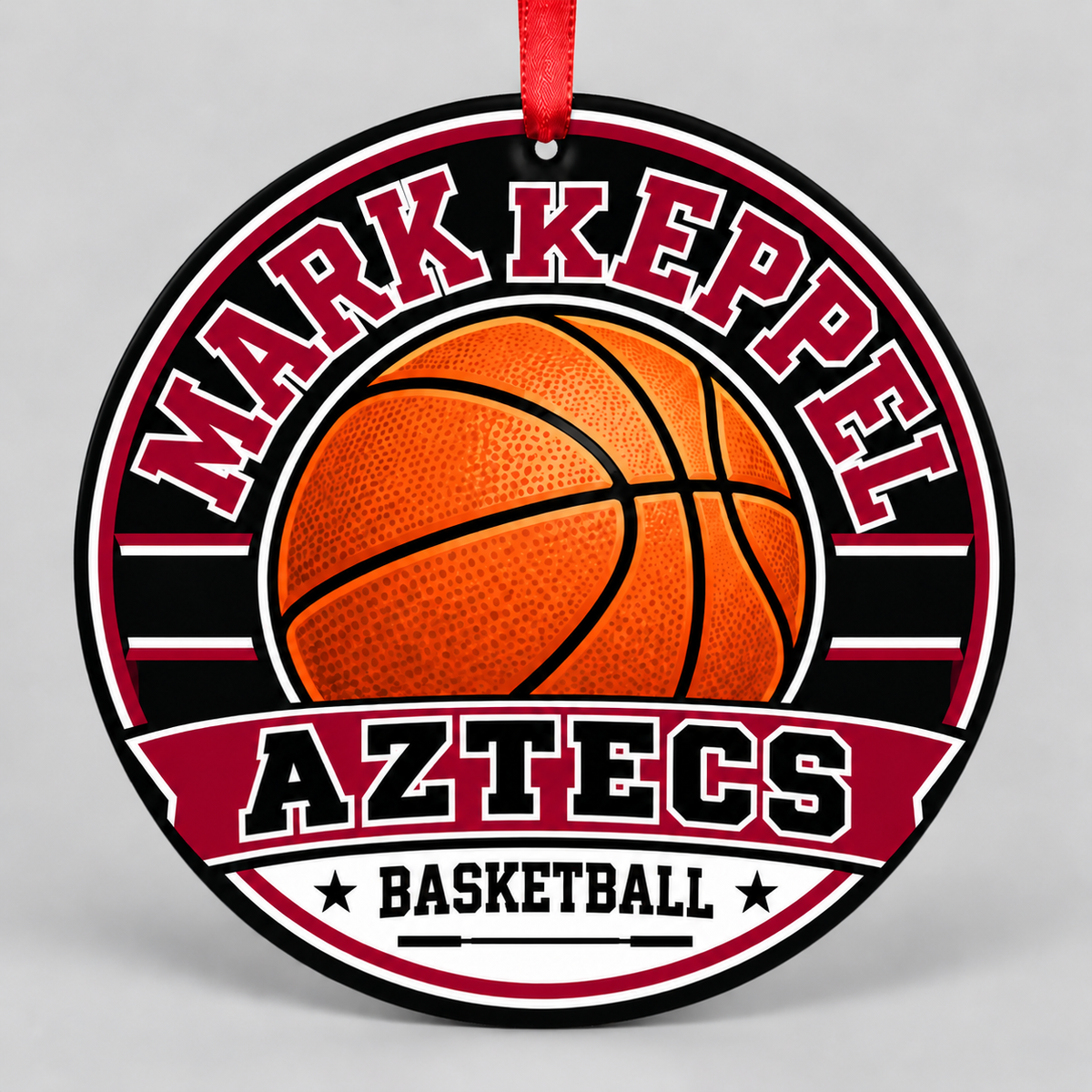 Mark Keppel Aztecs basketball round ornament in maroon, black and white with red ribbon