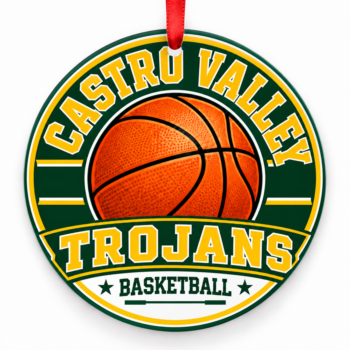 Castro Valley Trojans basketball Christmas ornament with red ribbon