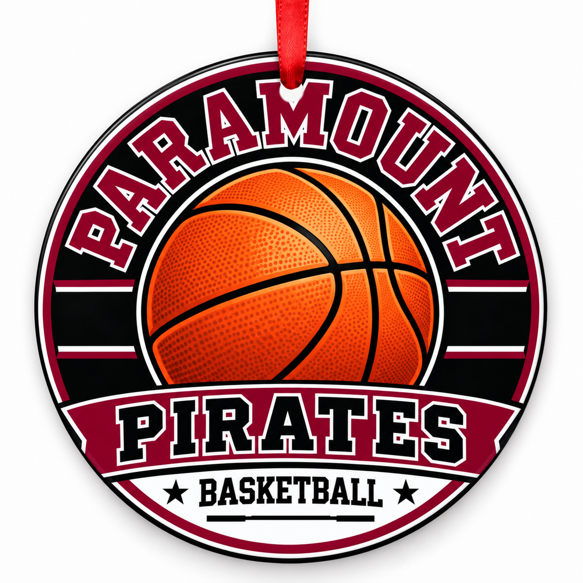 Paramount Pirates basketball Christmas ornament with red ribbon