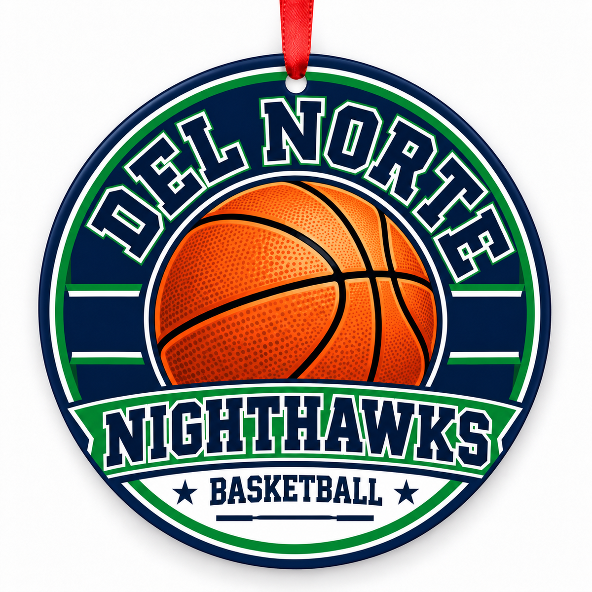 Del Norte High School Nighthawks basketball Christmas ornament in navy, green and white