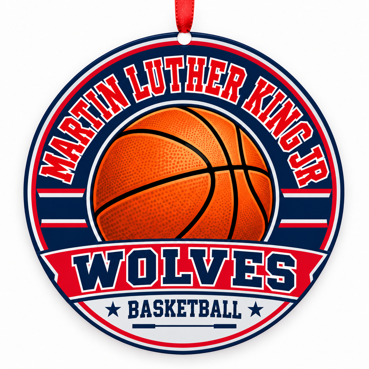 Martin Luther King Jr. High Wolves basketball Christmas ornament, Riverside, California