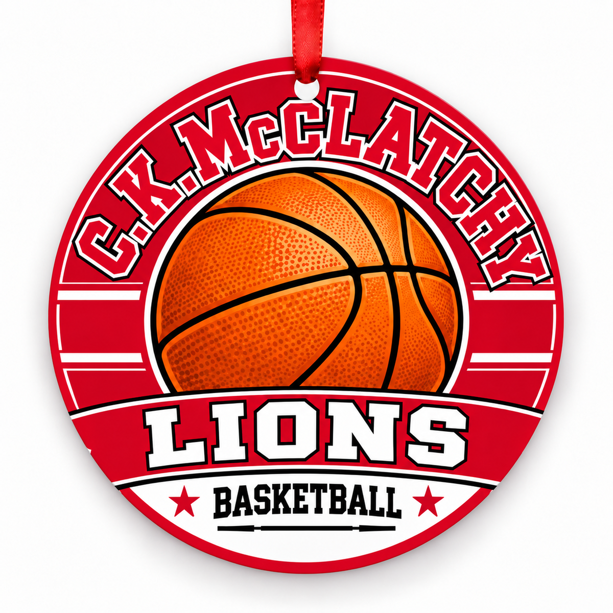 C. K. McClatchy High School Lions basketball round Christmas ornament with red ribbon