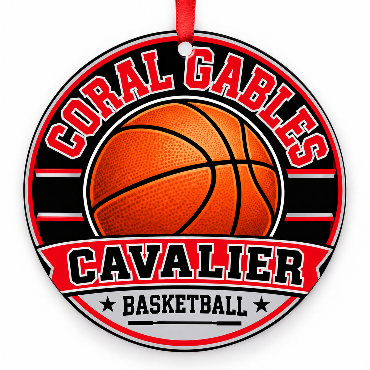 Coral Gables Senior High School Cavalier basketball round Christmas ornament with red ribbon