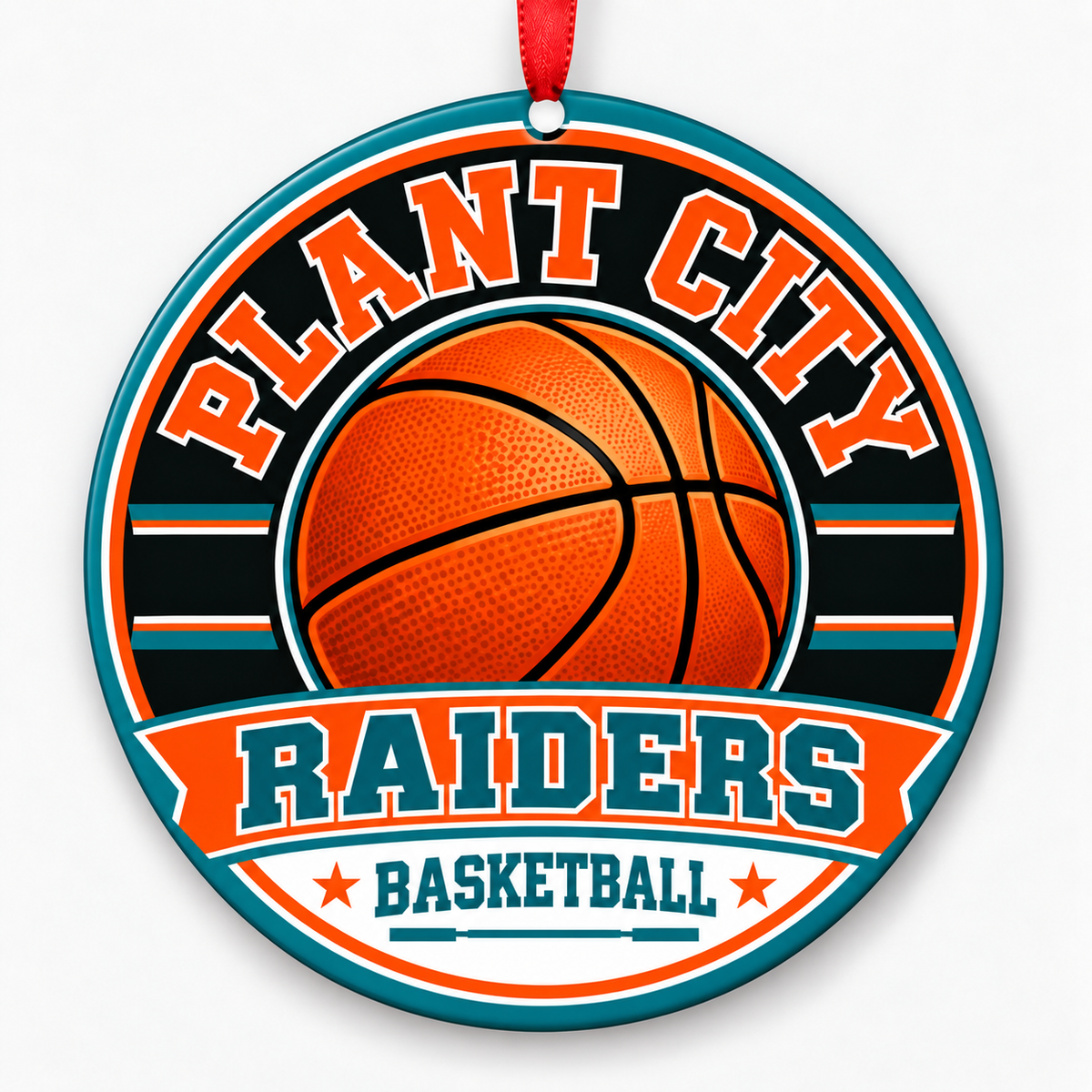 Plant City High School Raiders basketball Christmas ornament in orange and teal