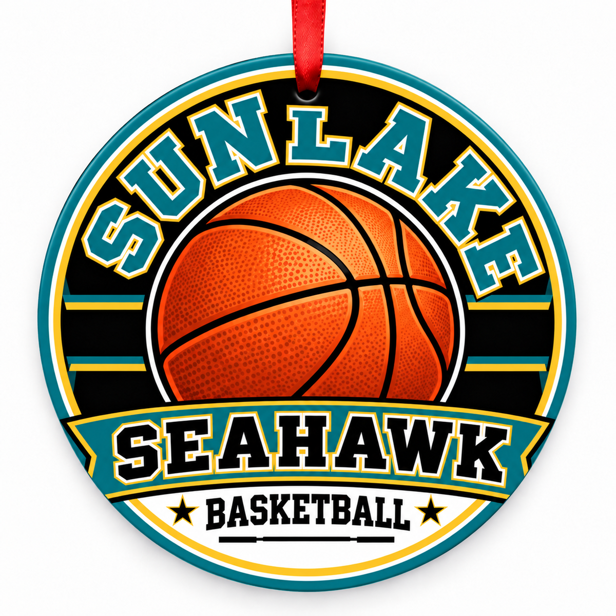 SUNLAKE HIGH SCHOOL Seahawk basketball ornament with red ribbon, LAND O LAKES Florida
