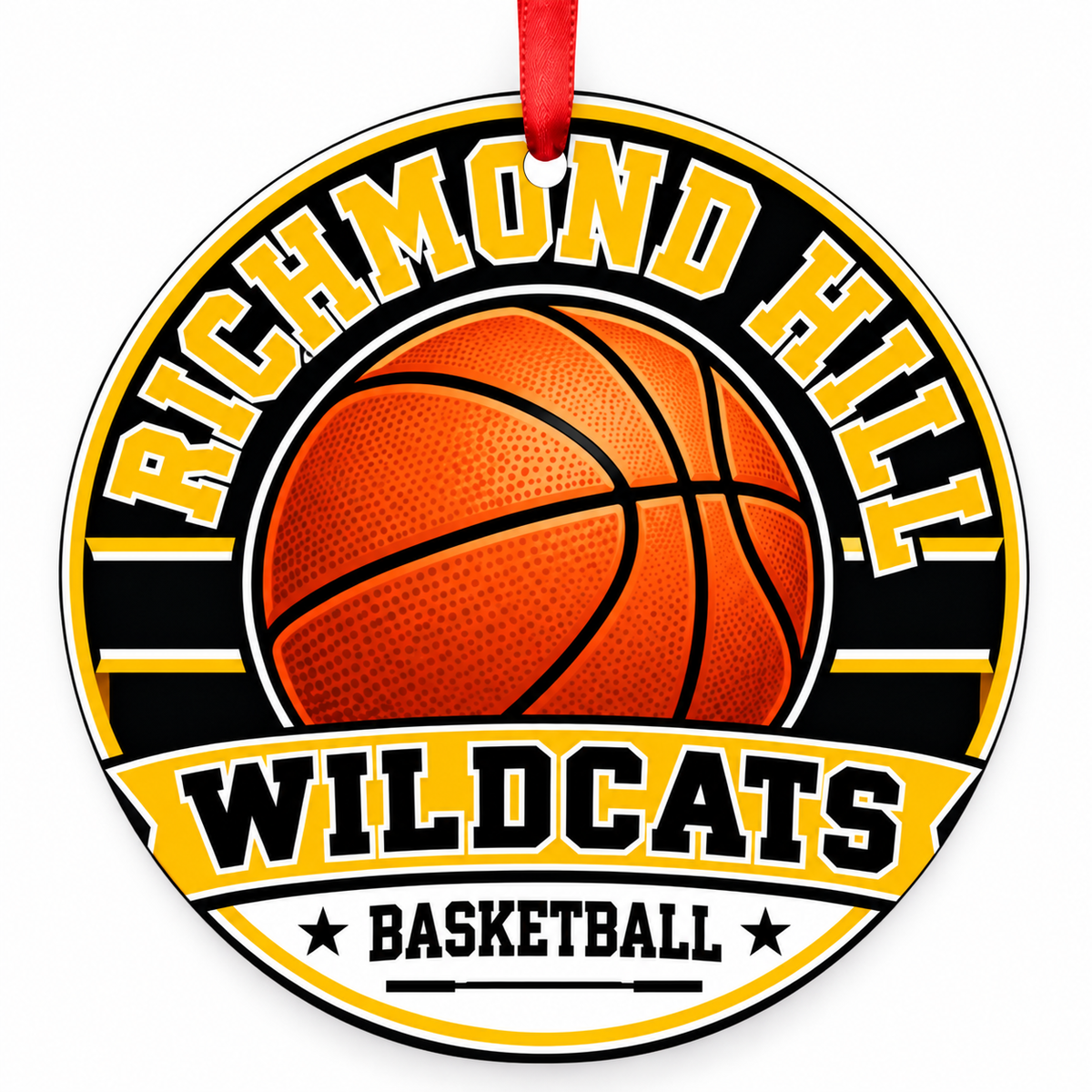 Richmond Hill High School Wildcats basketball round Christmas ornament with red ribbon