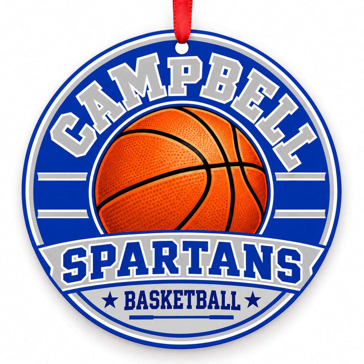 Campbell High School Spartans basketball Christmas ornament in royal blue and silver with red ribbon