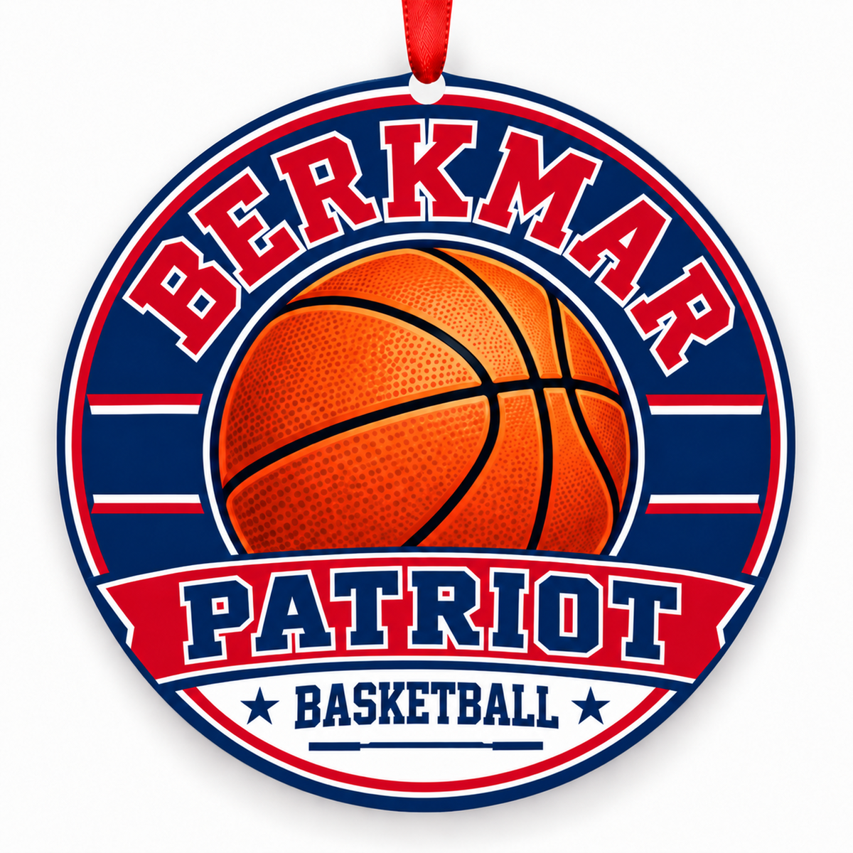 Berkmar High School Patriot basketball ornament in Red; White; Blue, Lilburn, Georgia
