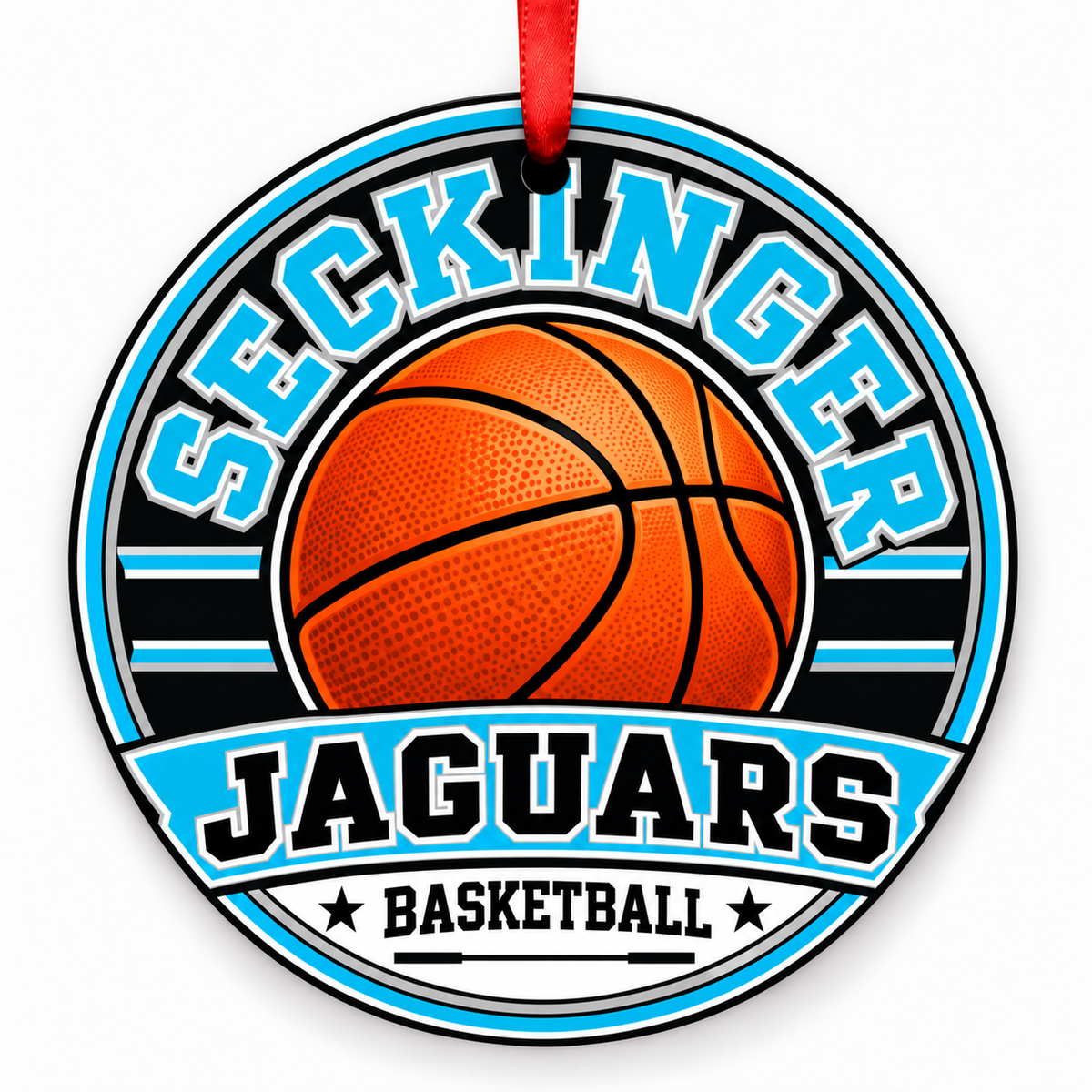 Seckinger High School Jaguars basketball ornament with red ribbon, Buford Georgia