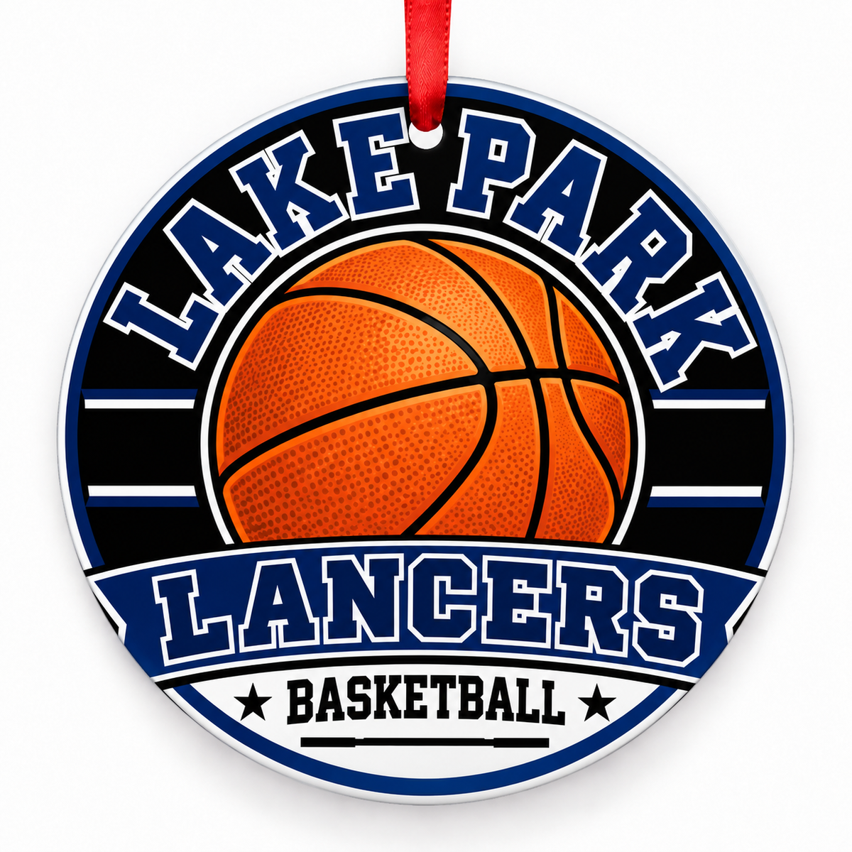 Lake Park High School Lancers basketball ornament with cropped red ribbon