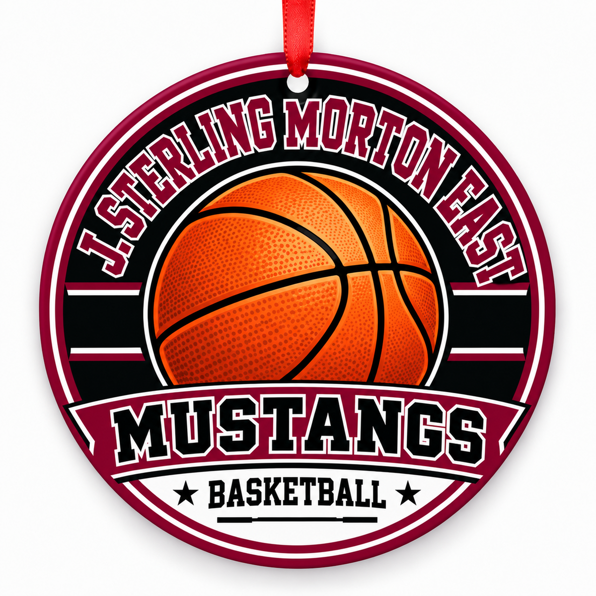 J Sterling Morton East High Sch Mustangs basketball ornament in Maroon; White | Official color names; numeric codes not established; no guessed hex values., Cicero Illinois
