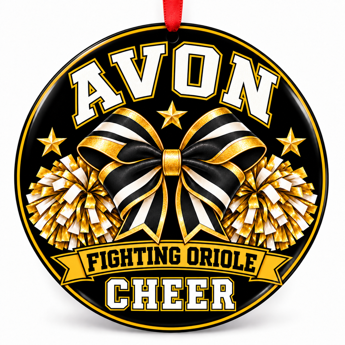 Avon High School Fighting Oriole cheer Christmas ornament — Bow and Pom-Poms