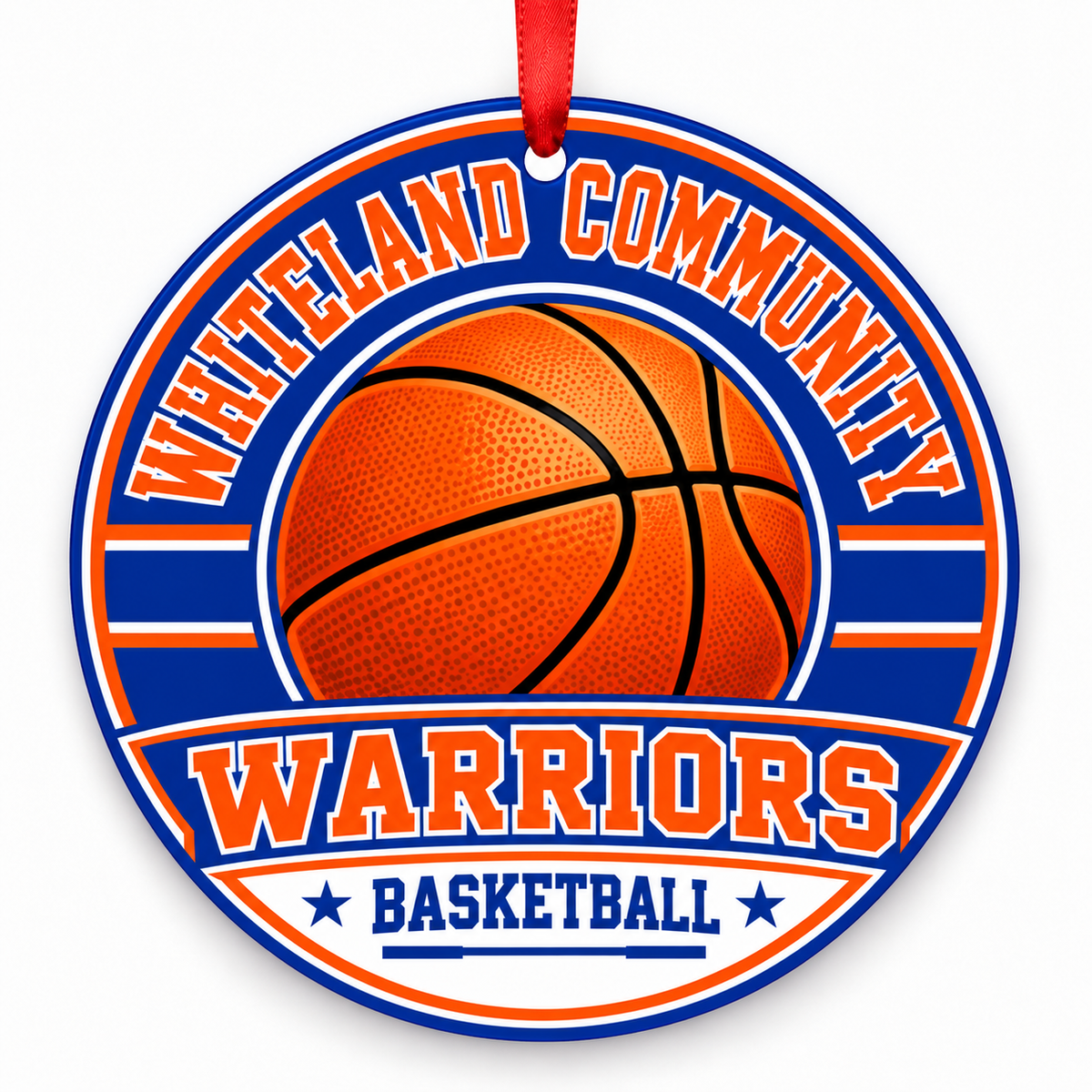 Whiteland Community Warriors basketball ornament in royal blue, orange and white with cropped red ribbon