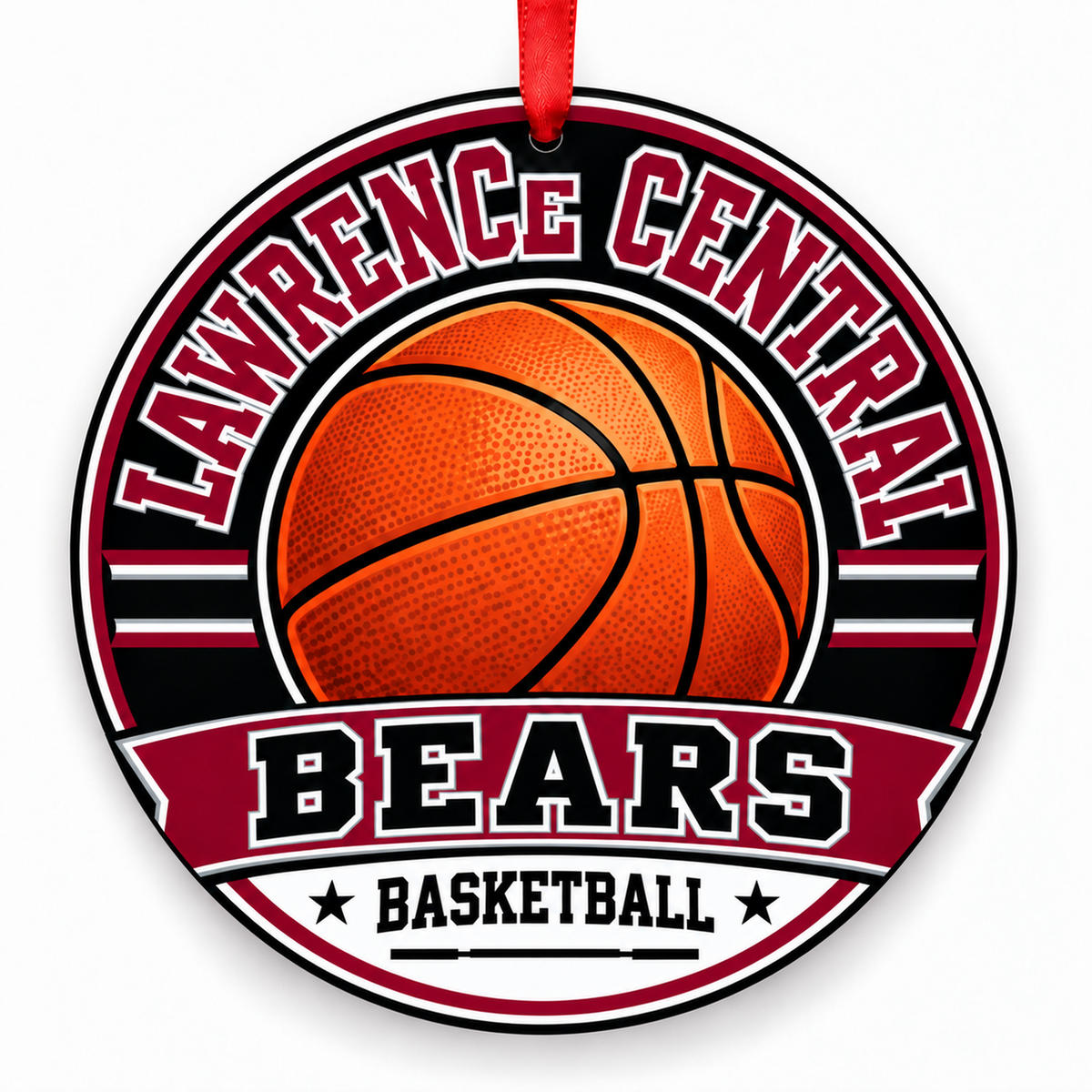 Lawrence Central High School Bears basketball Christmas ornament in maroon and gray