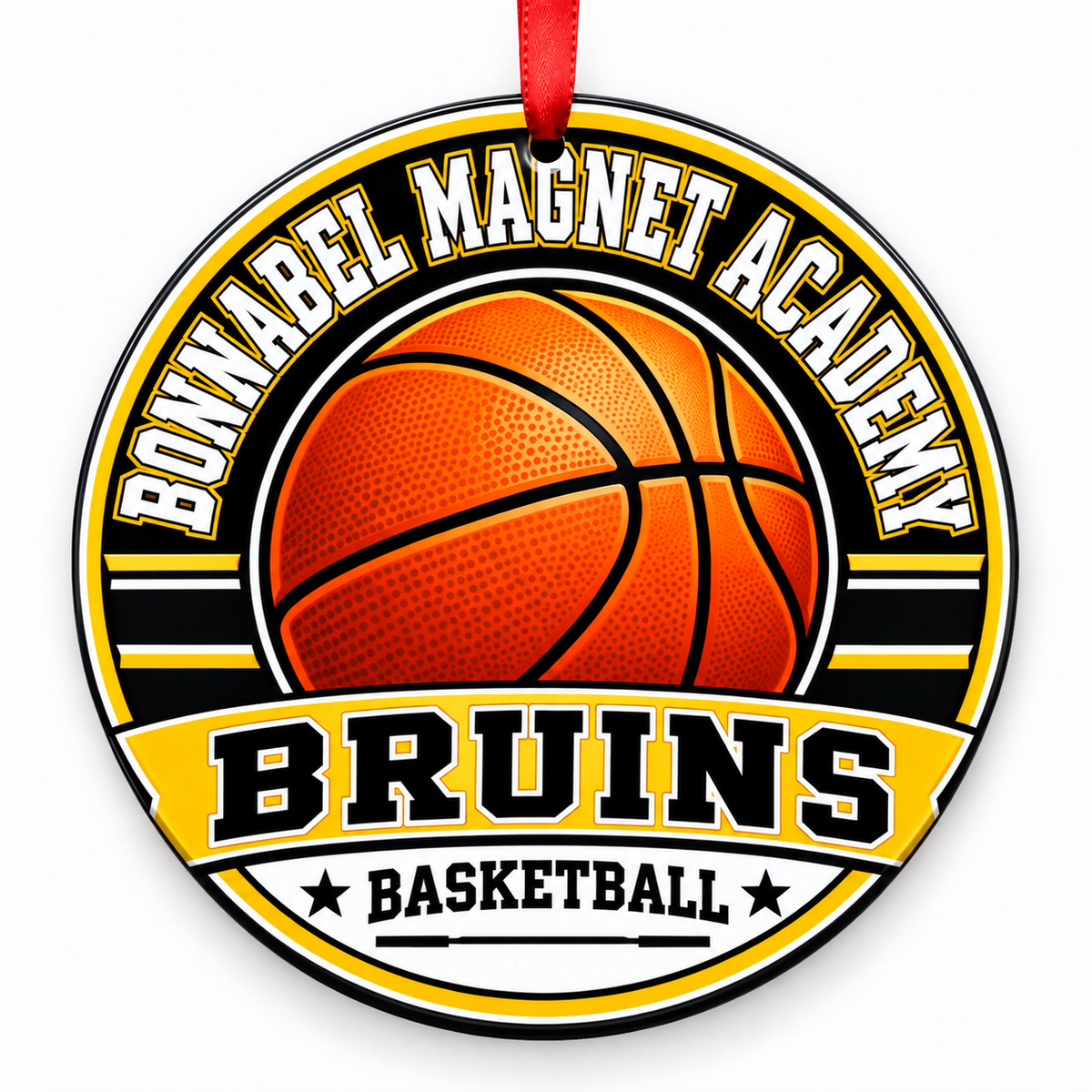 Bonnabel Magnet Academy High School Bruins basketball ornament in black, gold and white with cropped red ribbon
