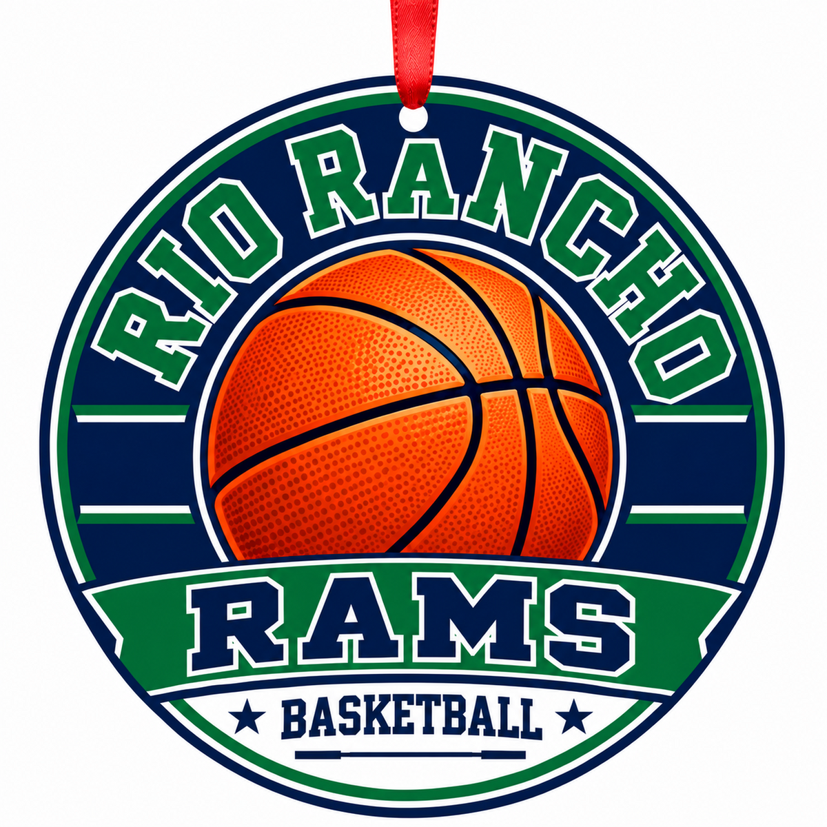 RIO RANCHO HIGH Rams basketball ornament in Navy Blue; Hunter Green, Rio Rancho, New Mexico