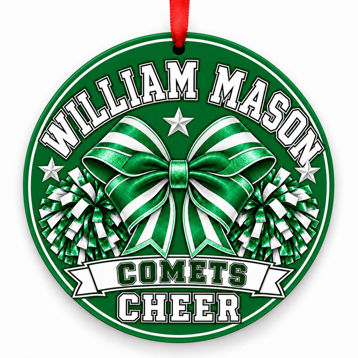 William Mason High School Comets cheer bow and pom-poms Christmas ornament in Kelly green and white with red ribbon