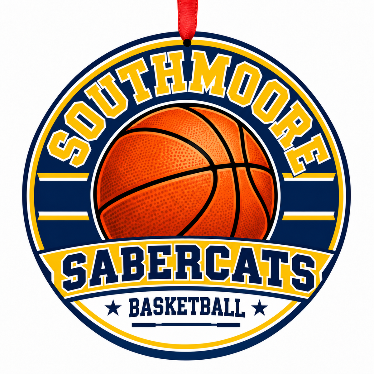 Southmoore High School SaberCats basketball ornament with red ribbon, Moore Oklahoma