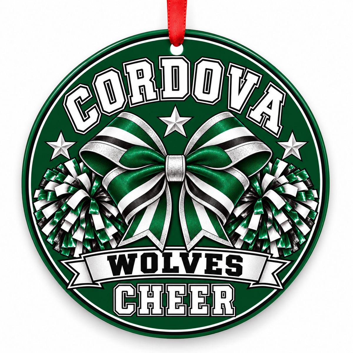 Cordova High School Wolves cheer bow and pom-poms Christmas ornament
