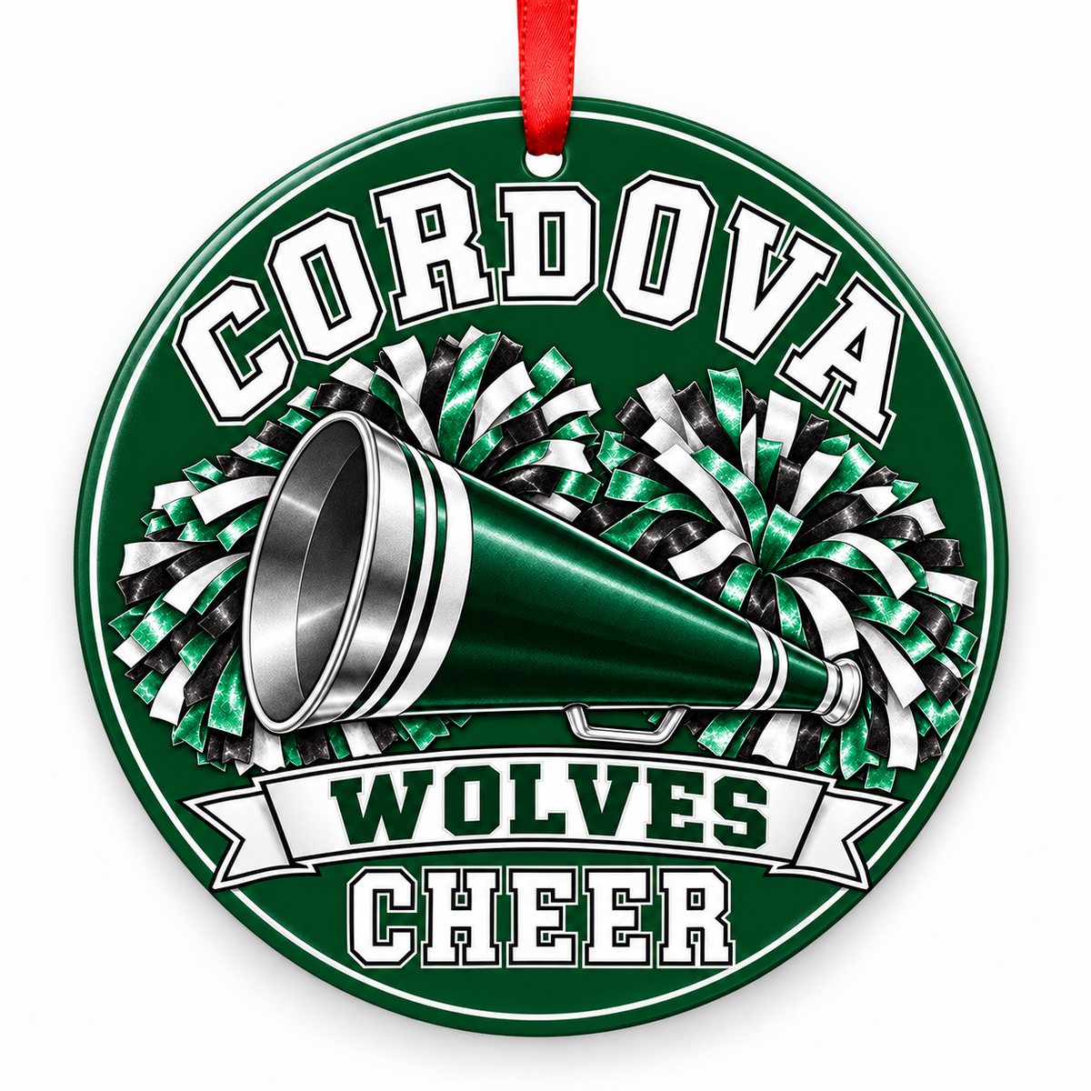 Cordova High School Wolves cheer megaphone and pom-poms Christmas ornament