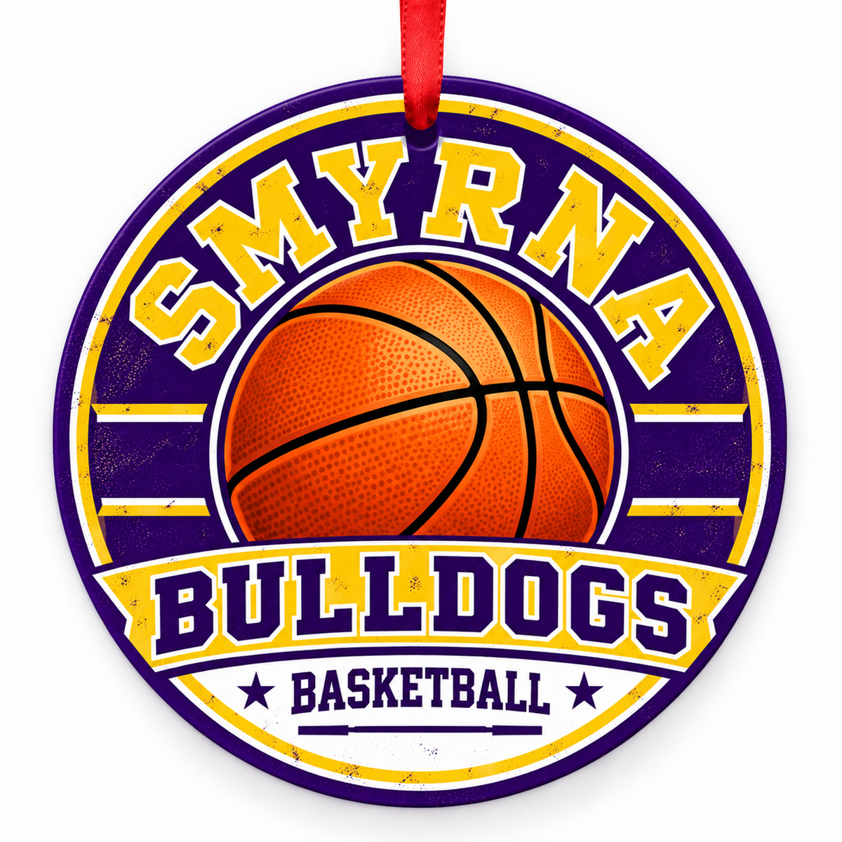 Smyrna High School Bulldogs basketball ornament in purple and gold with cropped red ribbon