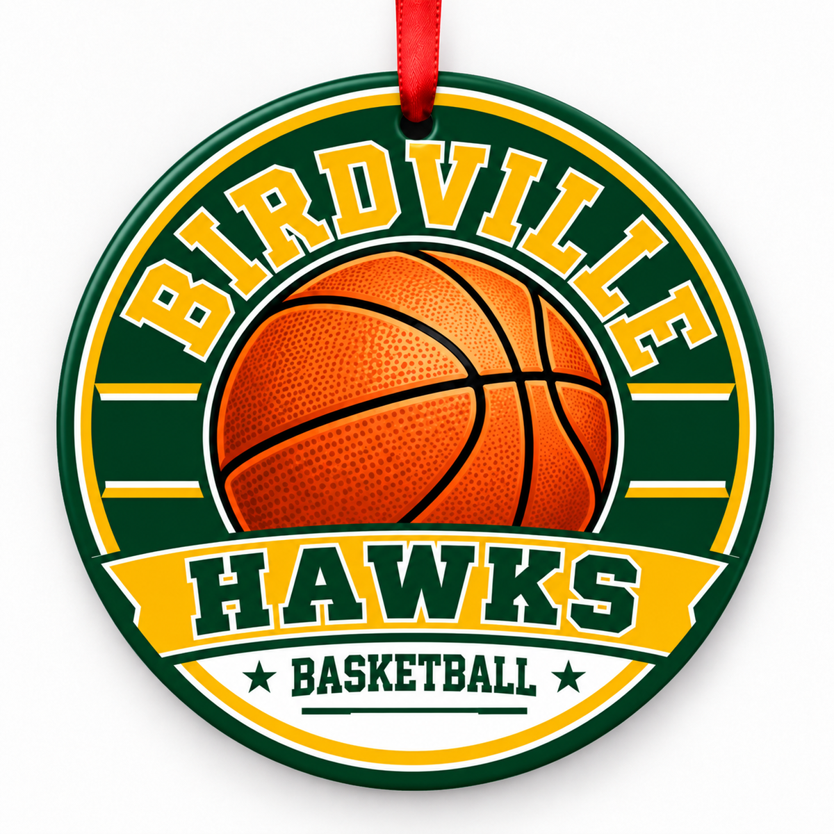 Birdville High Hawks basketball ornament with red ribbon, North Richland Hills Texas