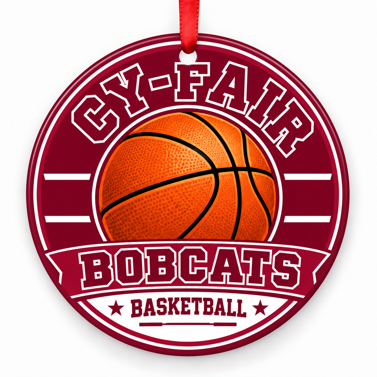 CY-FAIR H S Bobcats basketball round Christmas ornament with red ribbon