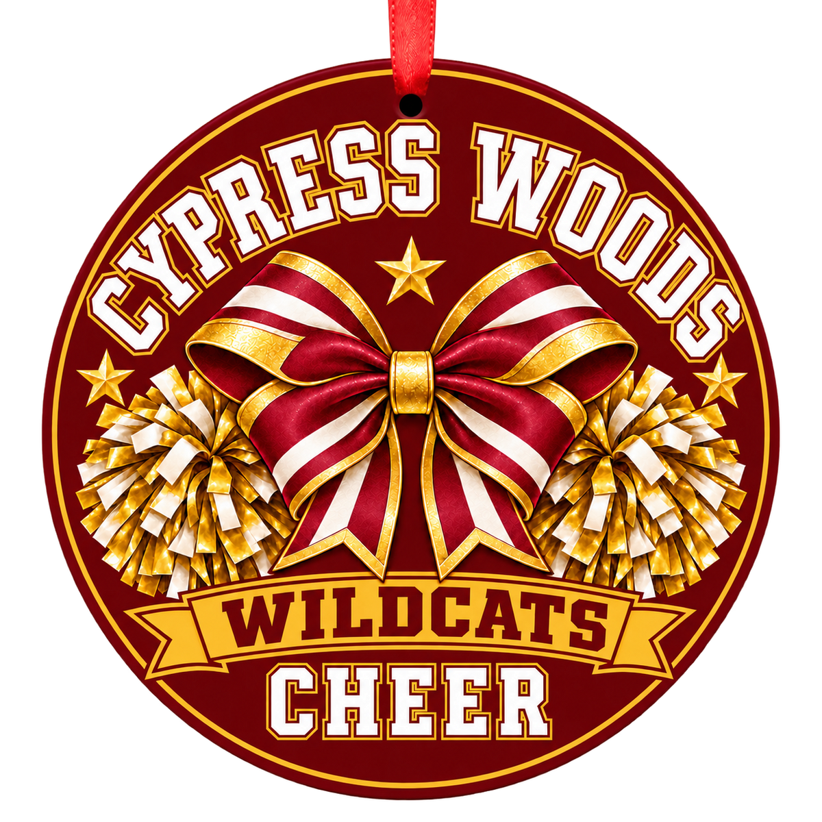 Cypress Woods High School Wildcats cheer bow and pom-poms Christmas ornament in crimson red, gold, and white with red ribbon