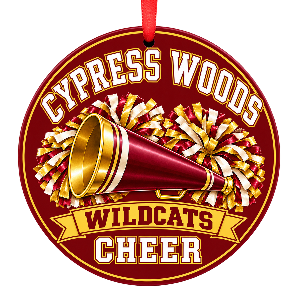 Cypress Woods High School Wildcats cheer megaphone and pom-poms Christmas ornament in crimson red, gold, and white with red ribbon