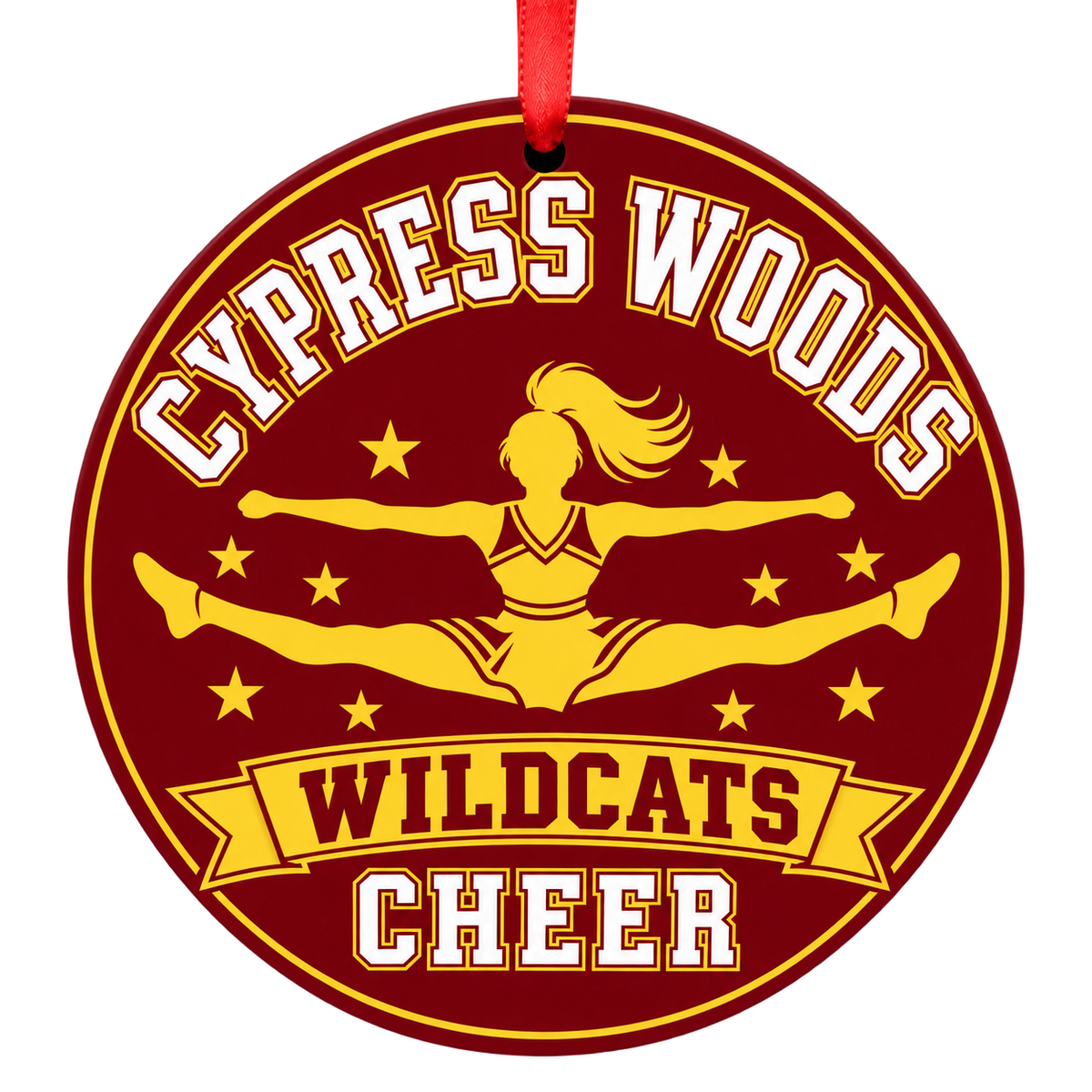 Cypress Woods High School Wildcats cheer toe-touch jump Christmas ornament in crimson red, gold, and white with red ribbon
