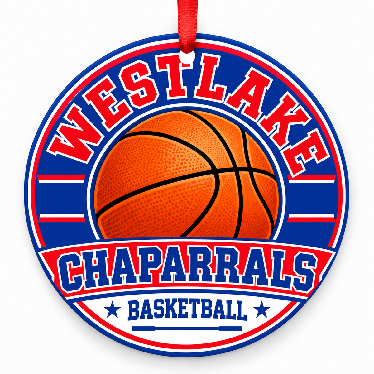 Westlake High School Chaparrals basketball round Christmas ornament with red ribbon