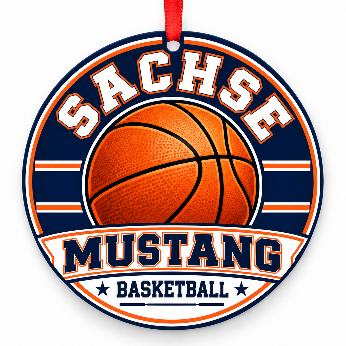 SACHSE H S Mustang basketball ornament in Navy blue; White; Orange accent (official wording: hint of orange); no numeric codes established., Sachse Texas
