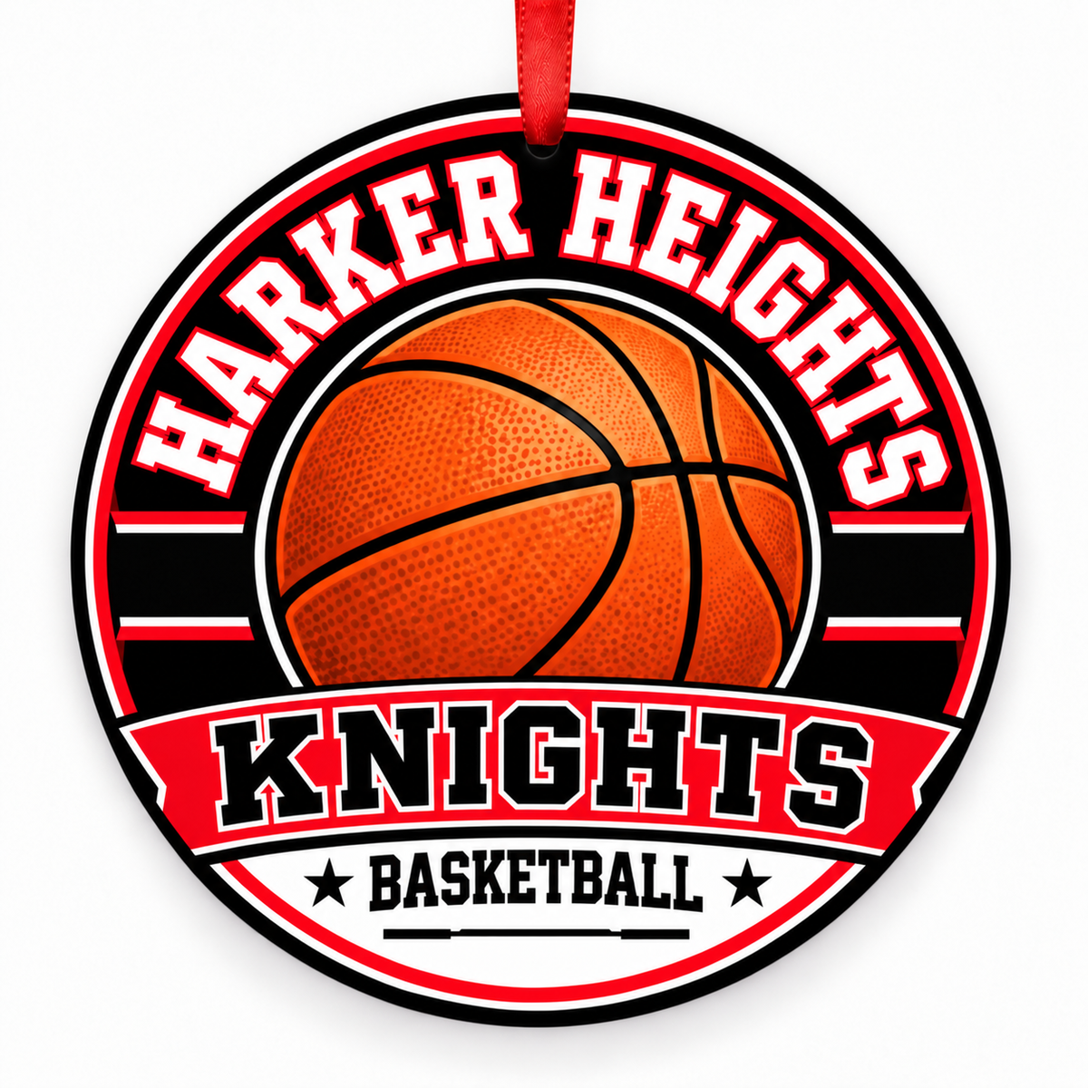 Harker Heights Knights basketball round ornament in red, black and white with red ribbon