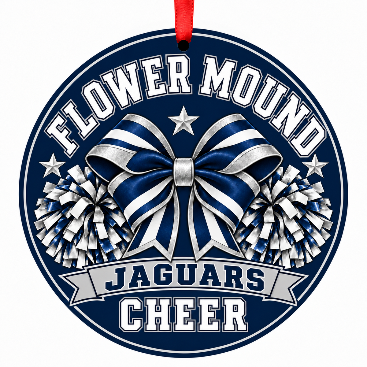 Flower Mound High School Jaguars cheer bow and pom-poms Christmas ornament in navy, silver, and white with red ribbon