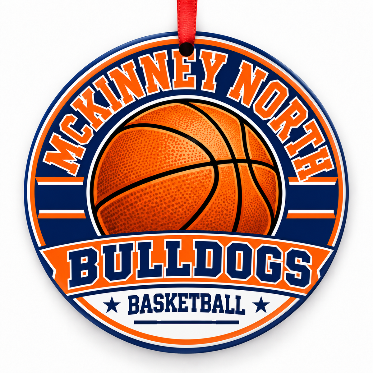 McKinney North High School Bulldogs basketball ornament in blue and orange with cropped red ribbon