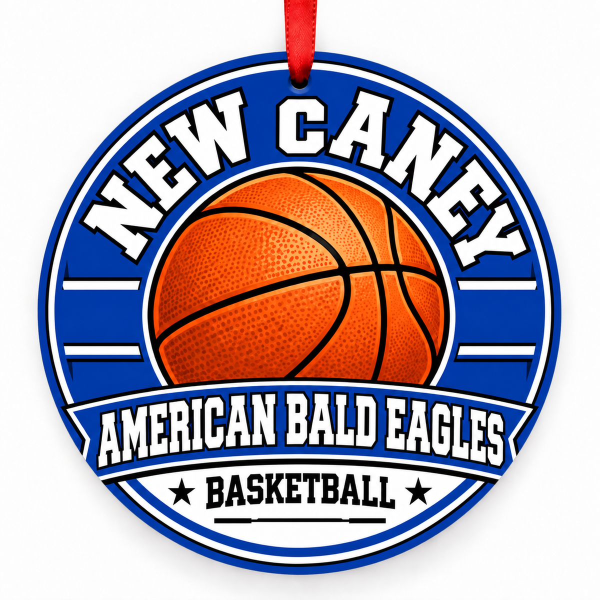 New Caney High School American Bald Eagles basketball ornament in blue and white with cropped red ribbon