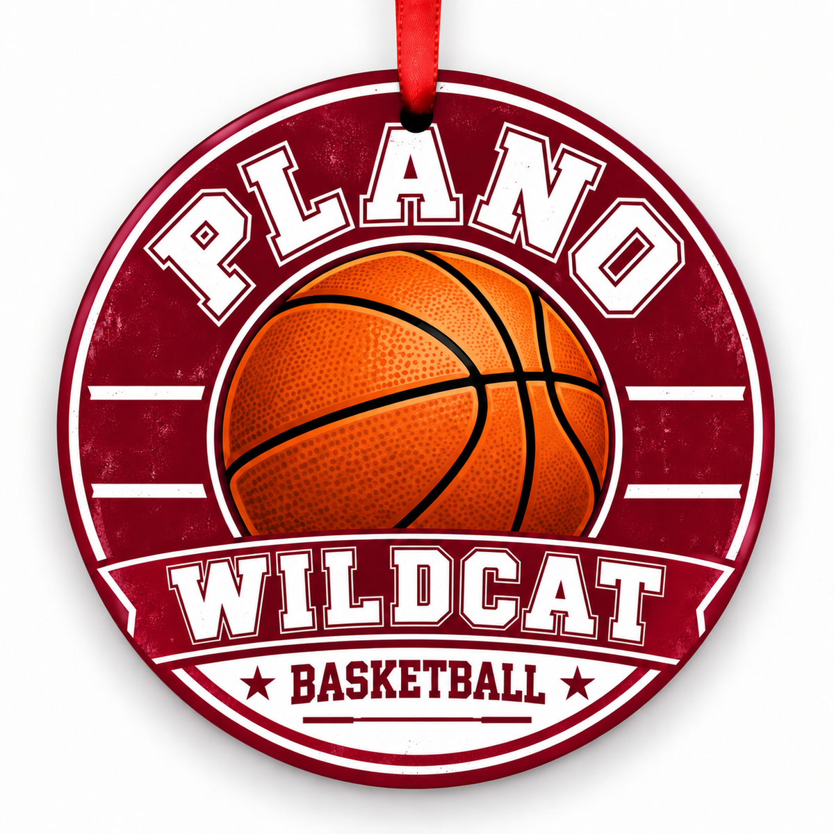 Plano Senior High School Wildcat basketball round Christmas ornament with red ribbon
