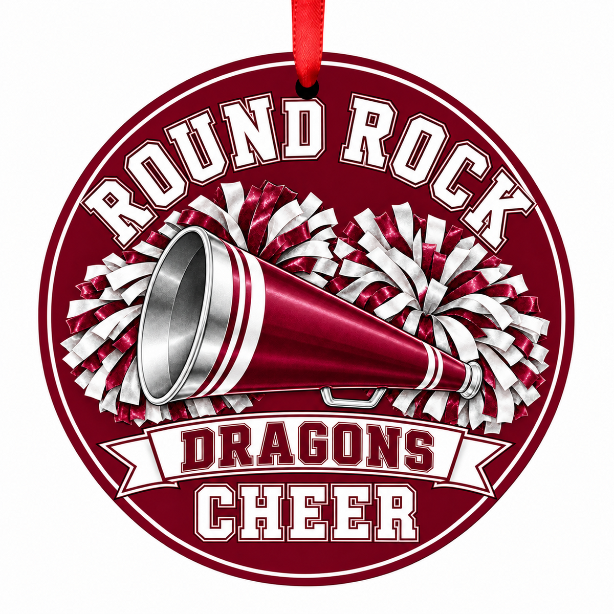 Round Rock High School Dragons cheer megaphone and pom-poms Christmas ornament