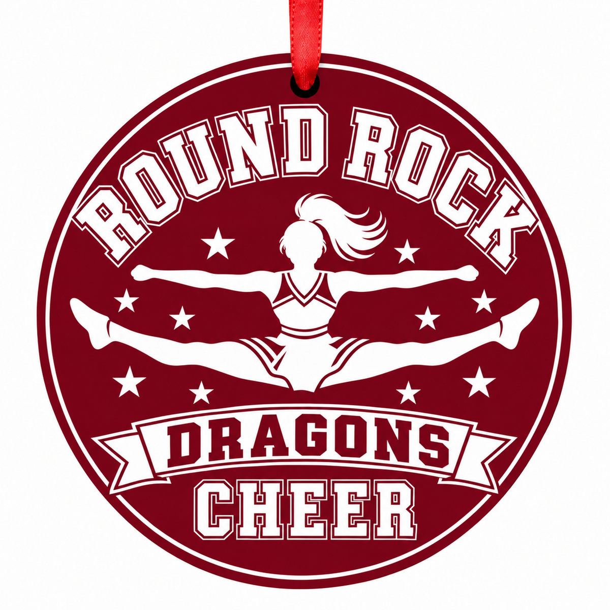 Round Rock High School Dragons cheer toe-touch jump Christmas ornament