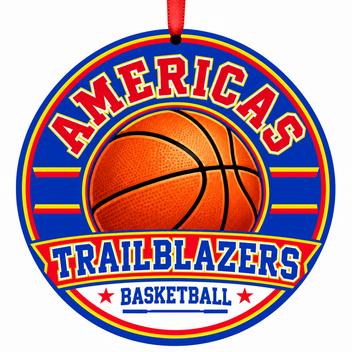 Americas High School Trailblazers basketball ornament with red ribbon, El Paso Texas