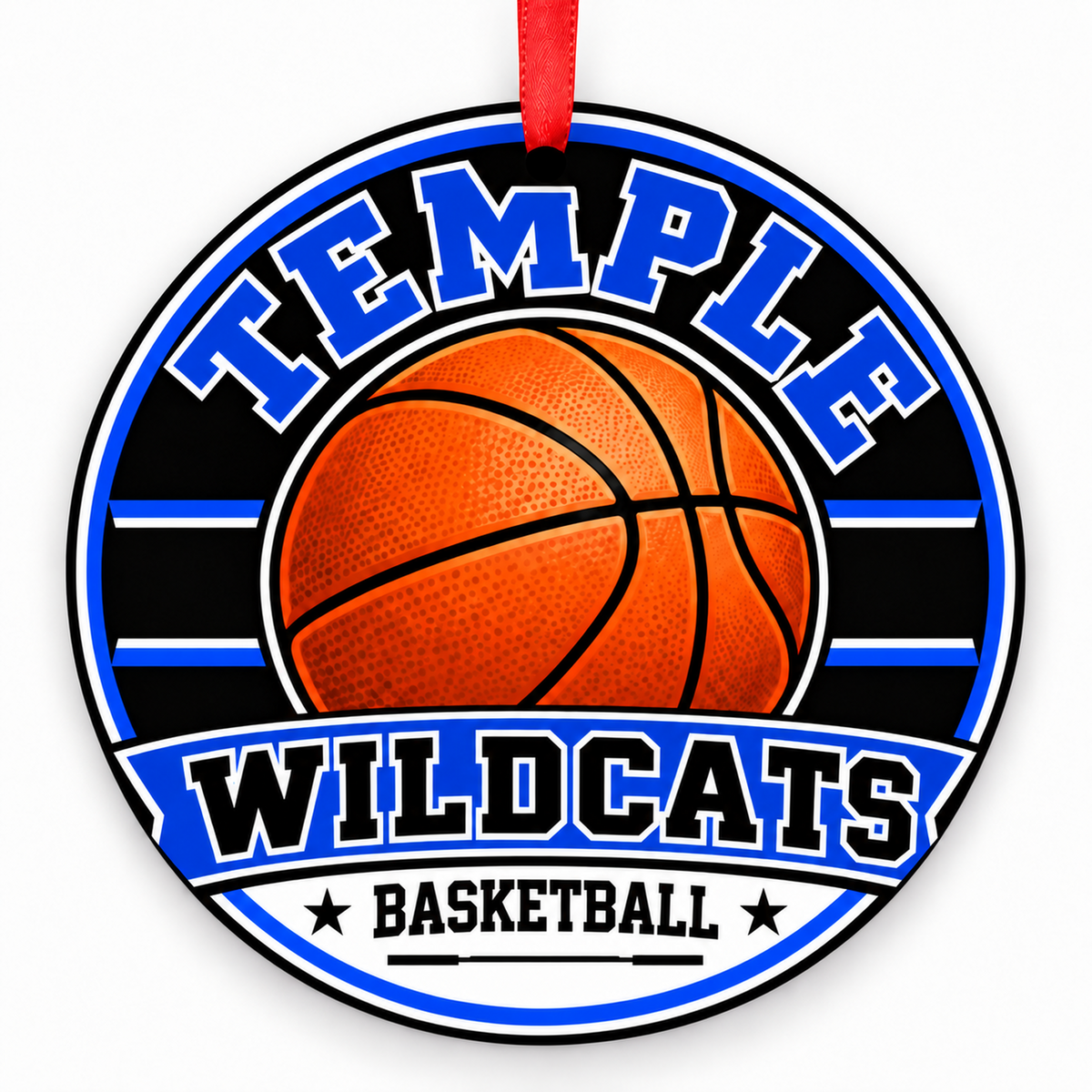 TEMPLE H S Wildcats basketball ornament with red ribbon, TEMPLE Texas