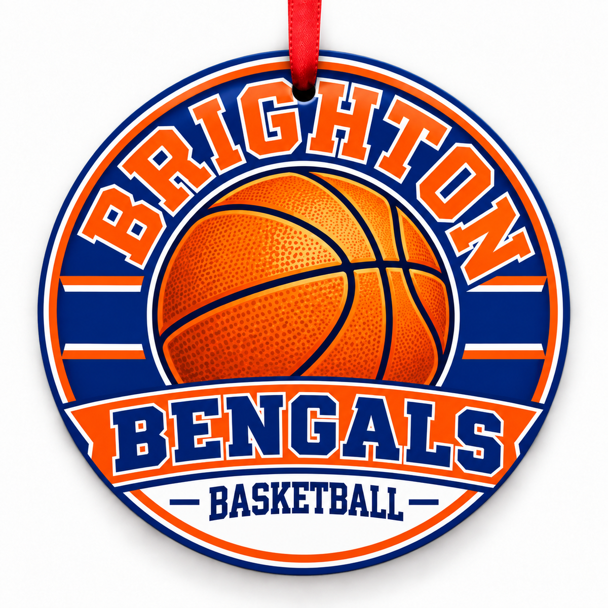 Brighton High School Bengals basketball round Christmas ornament with red ribbon