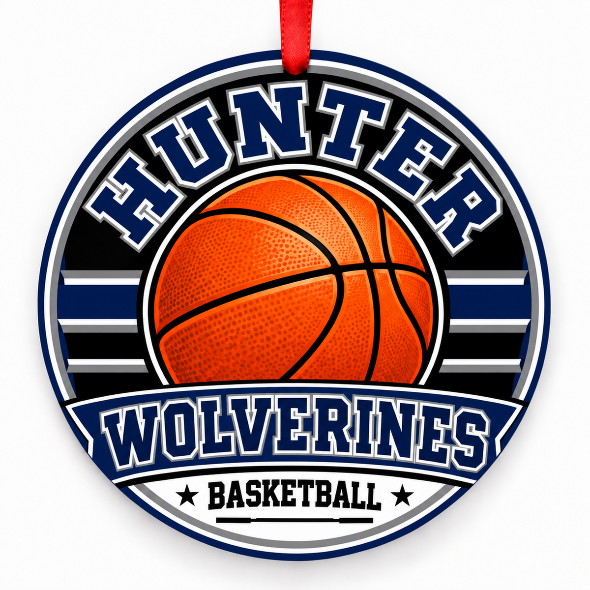Hunter High School Wolverines basketball round Christmas ornament with red ribbon