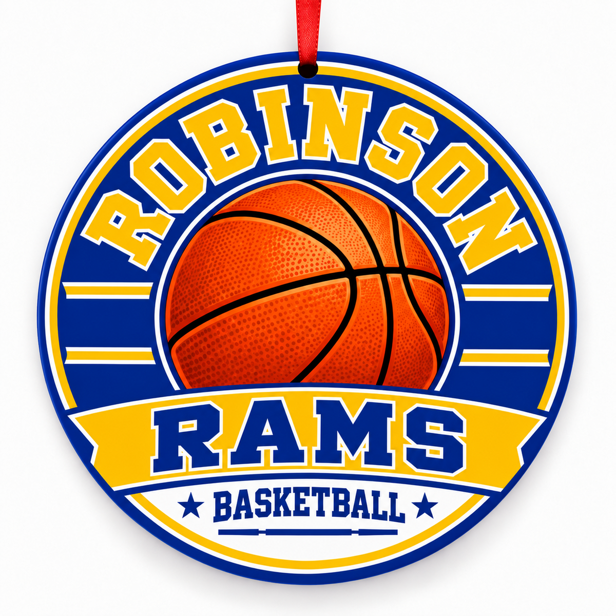 Robinson Secondary Rams basketball round Christmas ornament with red ribbon