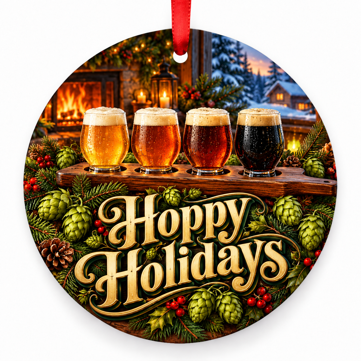 Hoppy Holidays Christmas ornament with red hanging ribbon