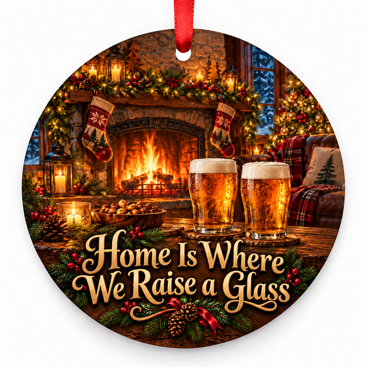 Home Is Where We Raise a Glass Christmas ornament with red hanging ribbon
