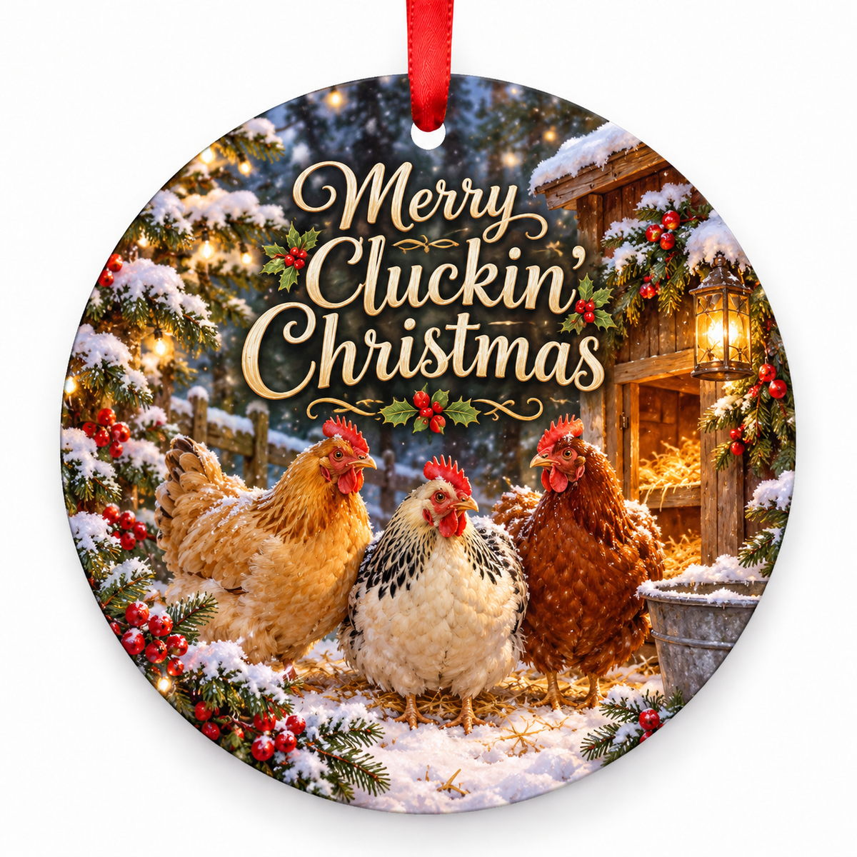 Merry Cluckin’ Christmas round Christmas ornament with red ribbon