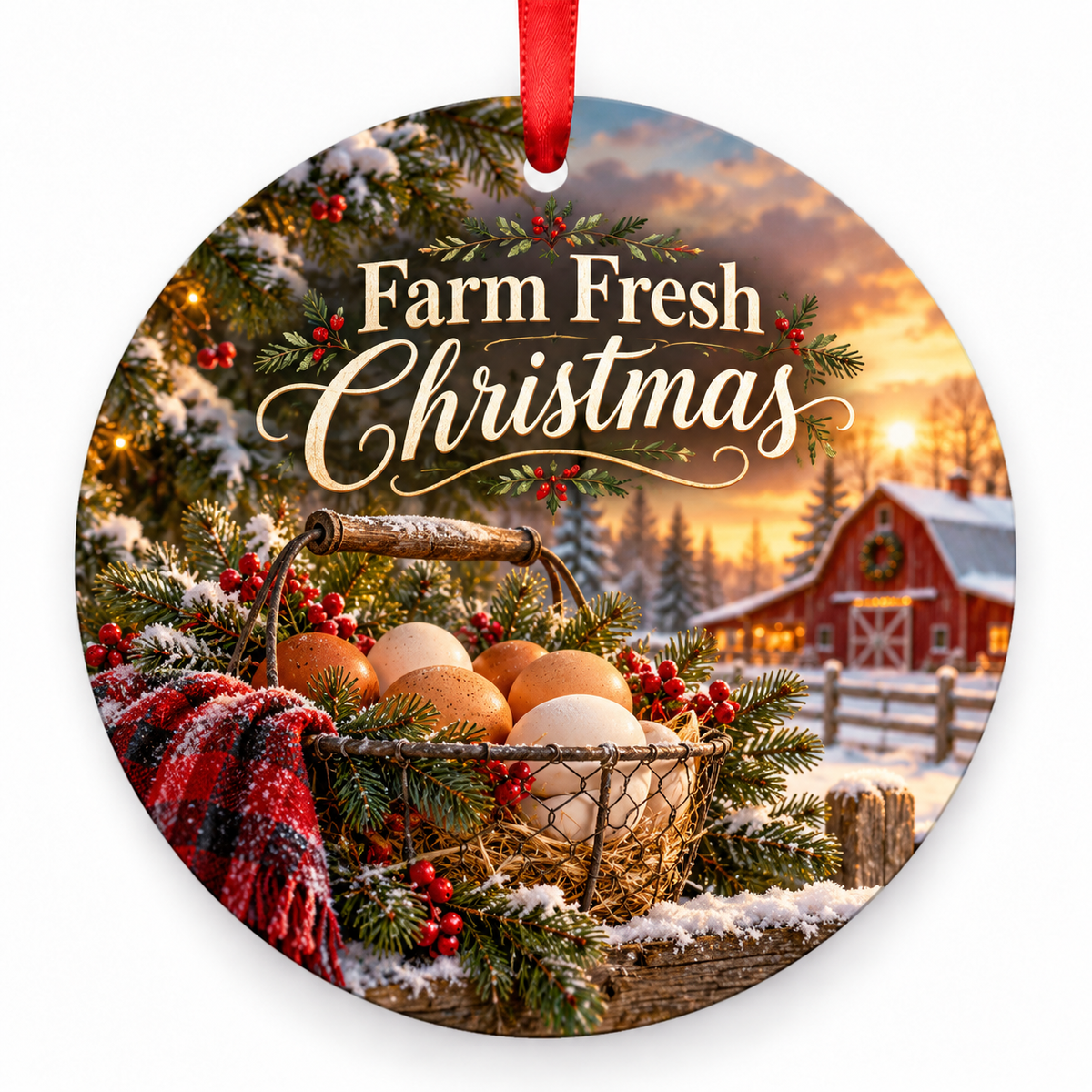 Farm Fresh Christmas round Christmas ornament with red ribbon