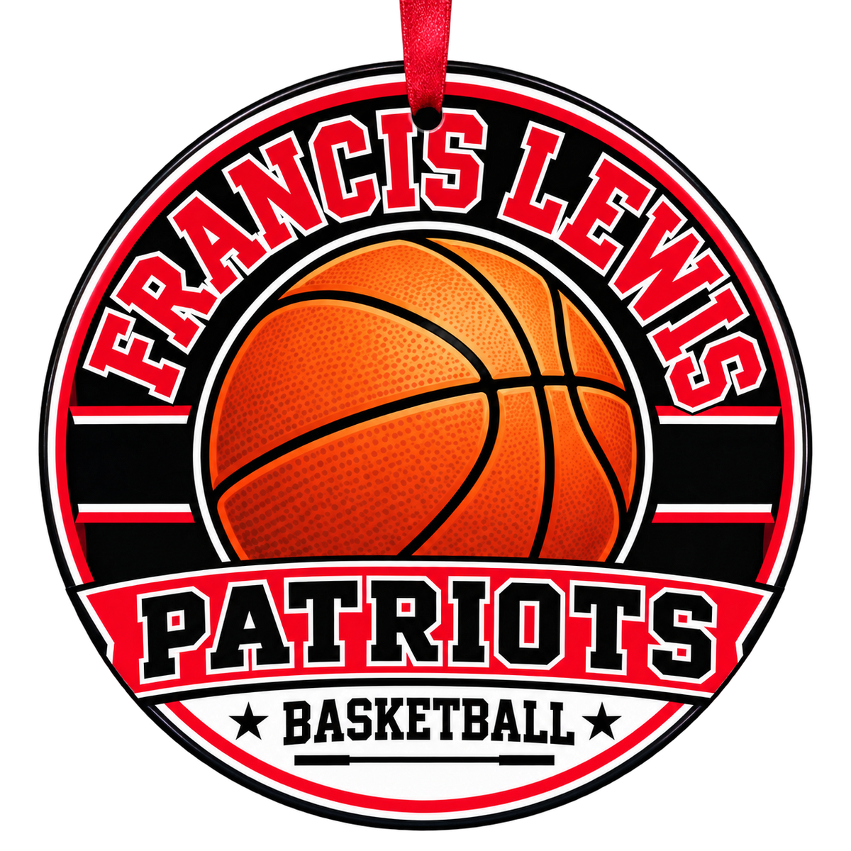 Francis Lewis High School Patriots basketball Christmas ornament in red, black and white with red ribbon, Fresh Meadows, New York